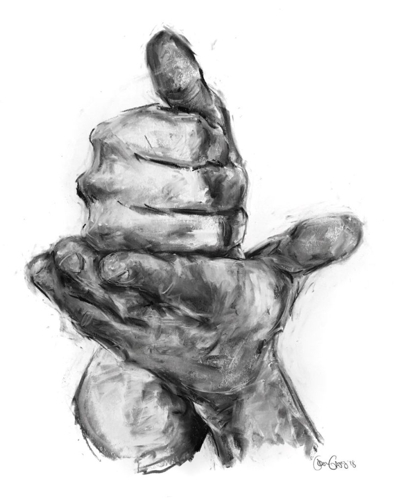 An illustration of two hands forming the American Sign Language for 'help'