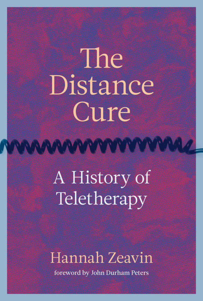 The book cover for Hannah Zeavin's 'The Distance Cure: A history of teletherapy.' The cover is purple and depicts a coiled telephone cord running horizontally between the title and subtitle.